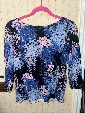 Talbots Petite MP Blue Pink Floral 3/4 Sleeve Knit Top